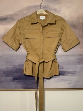 Tanya Taylor Tan Khaki Cotton Short-Sleeve Utility Top with Waist Tie